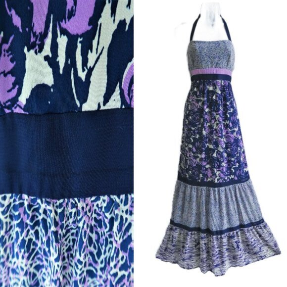 Vintage Boho Maxi Dress Jonathan Martin Tiered Ruffles Halter Mixed Floral Geo L - Picture 1 of 9